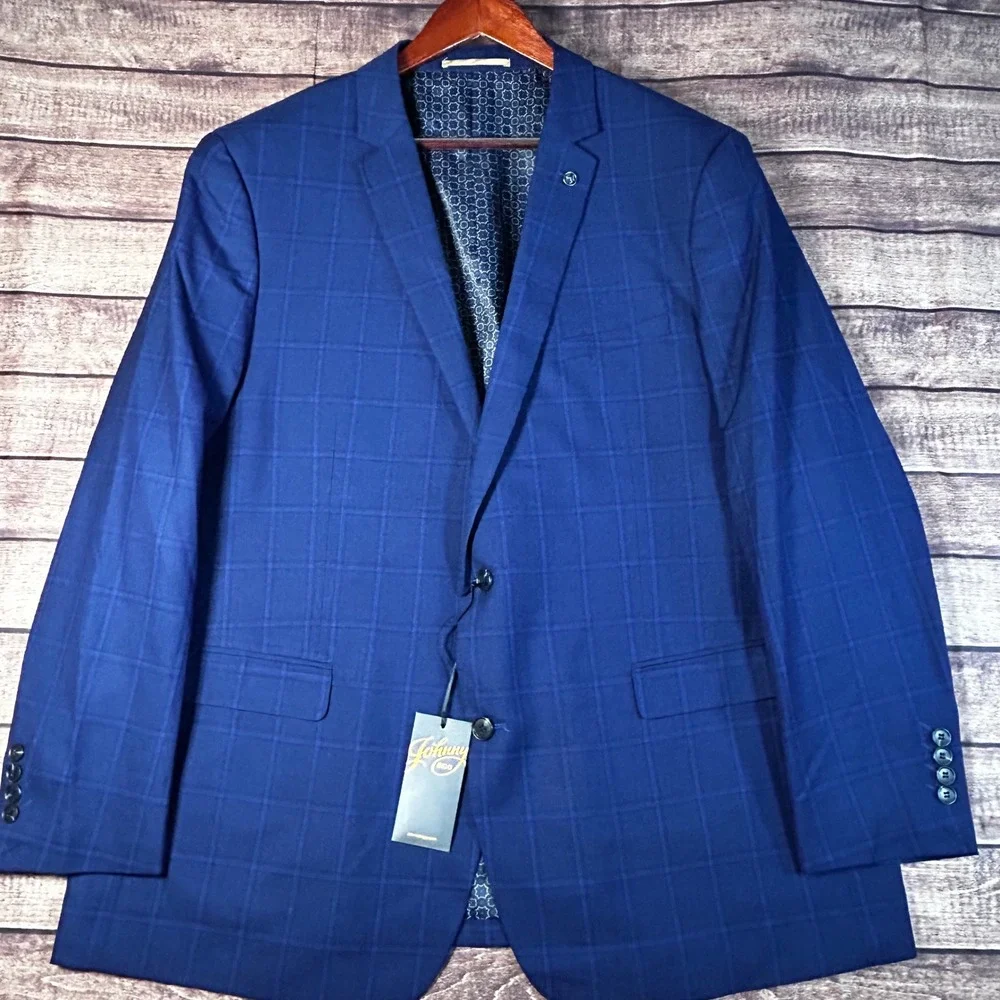 Johnny Bigg Suit Jacket Marine Blue Windowpane Plaid Blazer Size 48 NWT